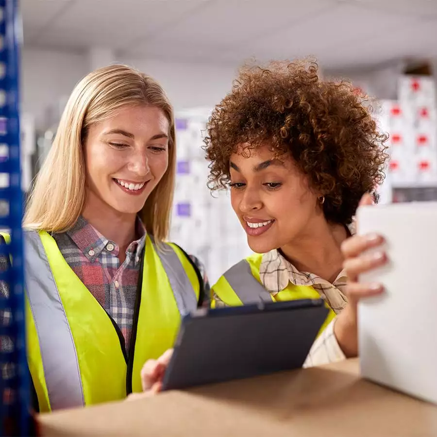 Two Female Workers In Logistics Distribution Warehouse Using Dig